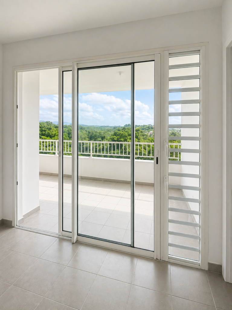 Baie coulissante alu blanc avec jalousies verticales vue terrasse panoramique — Pose 24 Martinique