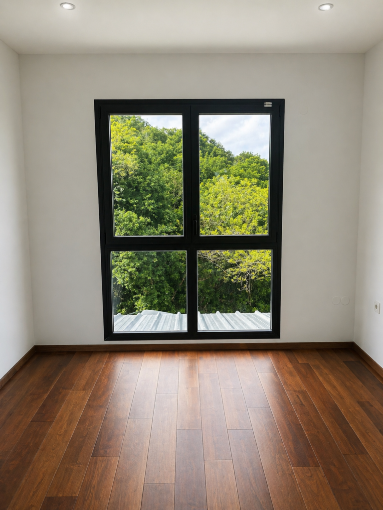 Grande fenêtre alu noir 4 carreaux pièce parquet vue jardin — Pose 24 Martinique