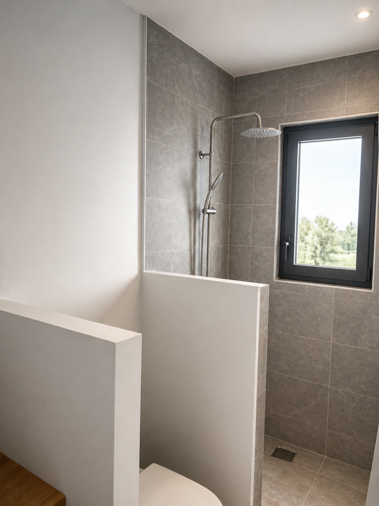 Petite fenêtre alu noir salle de bain douche carrelage gris — Pose 24 Martinique