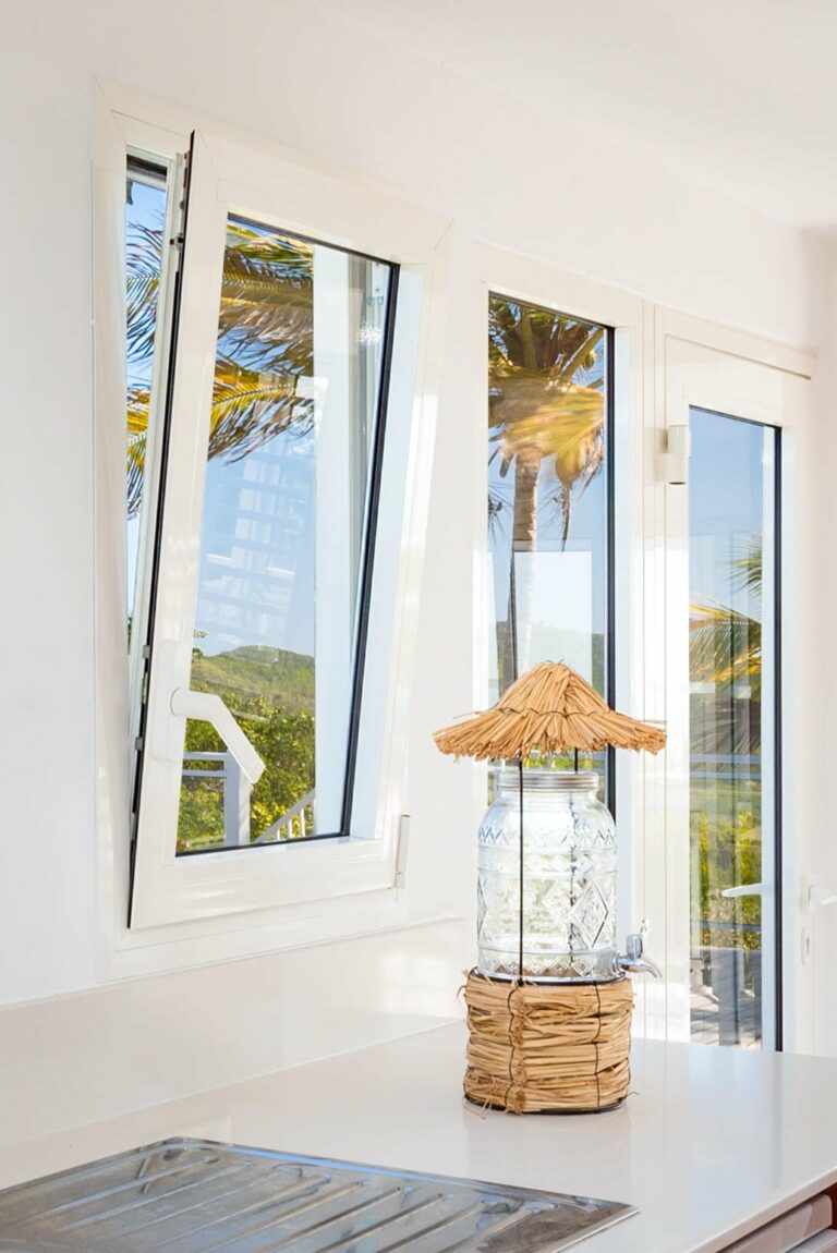 Deux fenêtres PVC oscillo-battantes blanches et porte-fenêtre vue palmier — Pose 24 Martinique