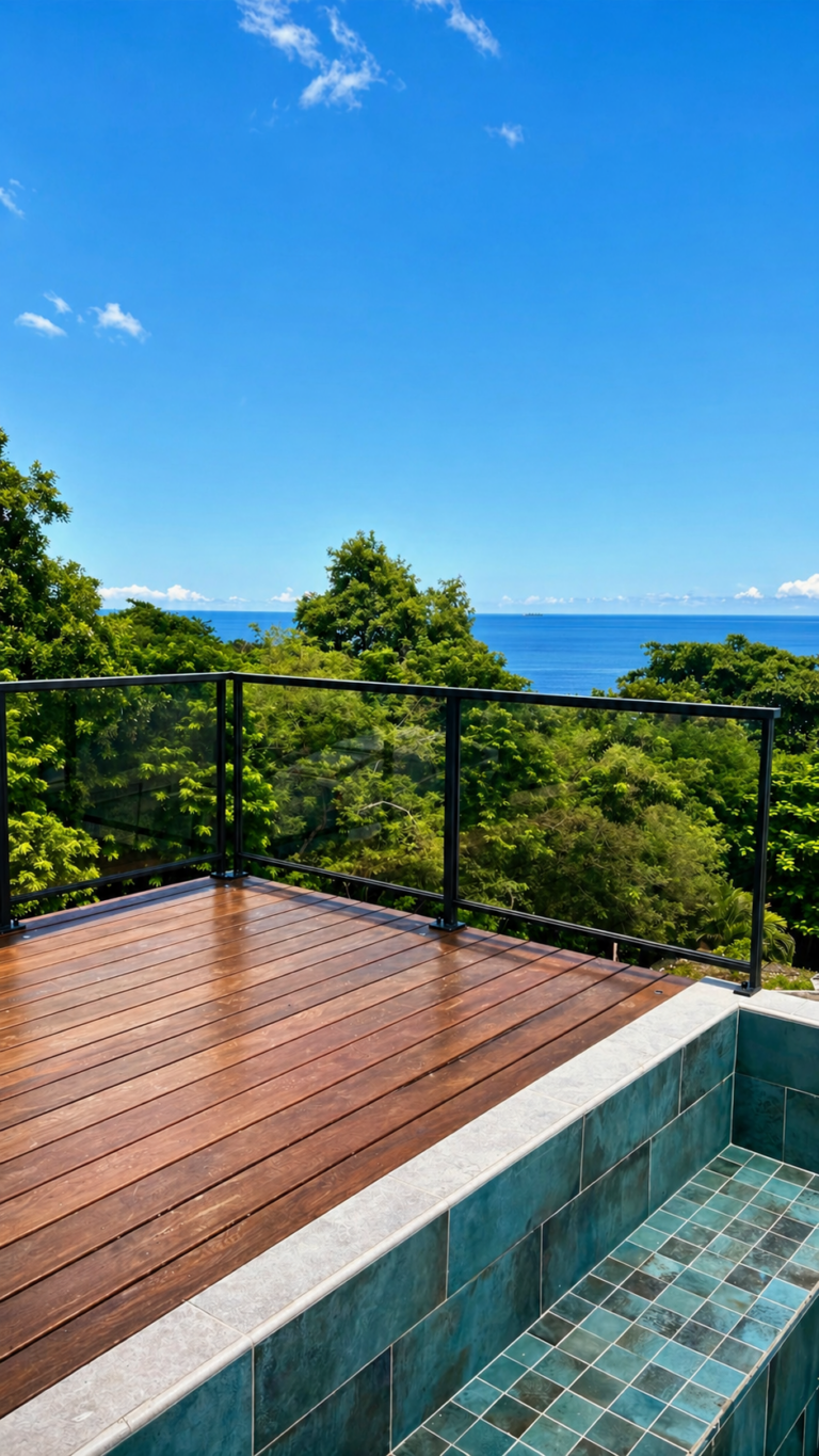 Terrasse bois garde-corps verre cadre alu anthracite vue mer panoramique avec bassin — Pose 24 Martinique