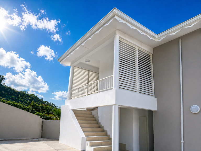 Villa moderne avec jalousies persiennes blanches verticales et escalier extérieur — Pose 24 Martinique