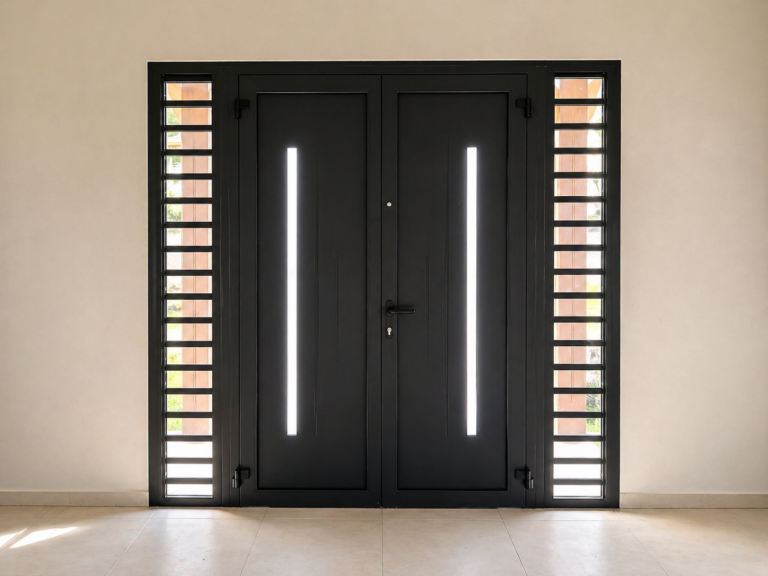 Porte d'entrée double vantail alu anthracite avec inserts vitrés à lames blanches — Pose 24 Martinique